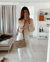 Woman Wearing Dior Medium Diorama Flap Bag Champagne